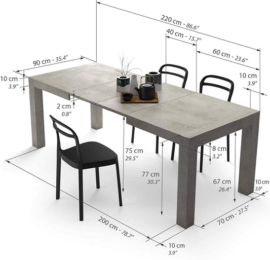 Mobili Fiver, Iacopo Extendable Dining Table, 55.1(86.6) x35.4 in, Concrete Effect, Grey, for 6-10 People, Expandable Dining Table for Kitchen, Living Room, Italian Furniture
