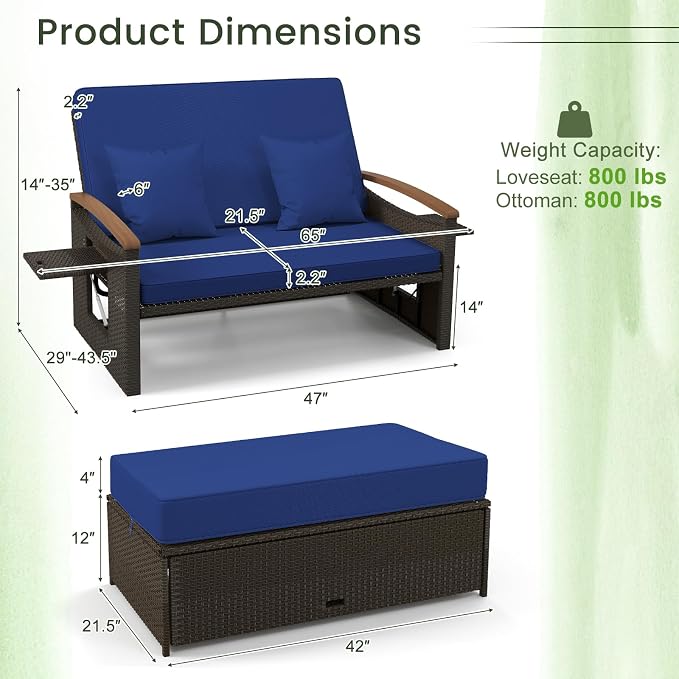 LDAILY Moccha Outdoor Wicker Daybed, Patio Rattan Loveseat Sofa w/ 4-Level Adjustable Backrest, Folding Panels, Storage Ottoman & Cushions, Lounge Furniture Set for Poolside Backyard Porch (Navy)
