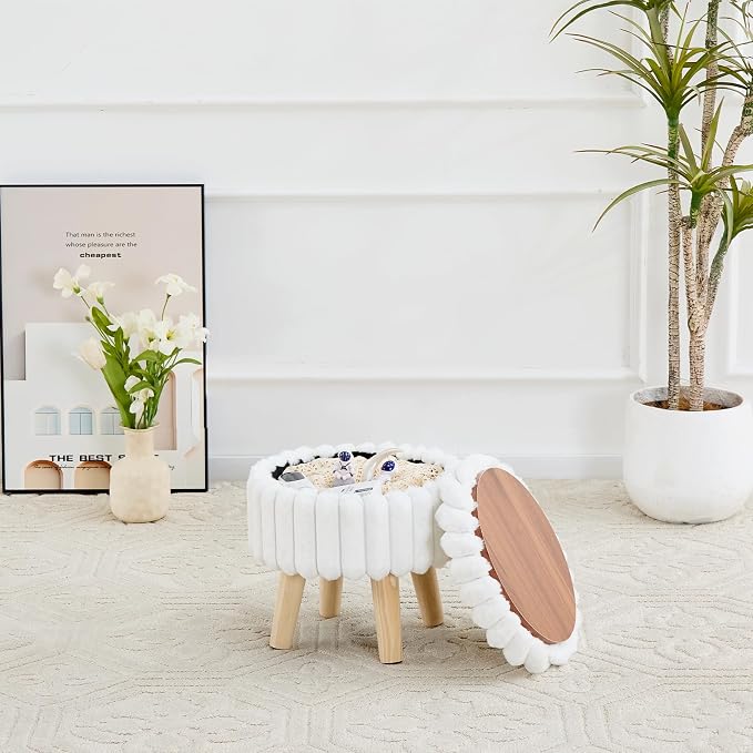 Wimarsbon Storage Ottoman, Modern Round Footrest with Soft Padded Seat, Teddy Velvet Footstool with Wood Legs, Accent Small Table or Plant Stand for Hallway, Living Room (White)