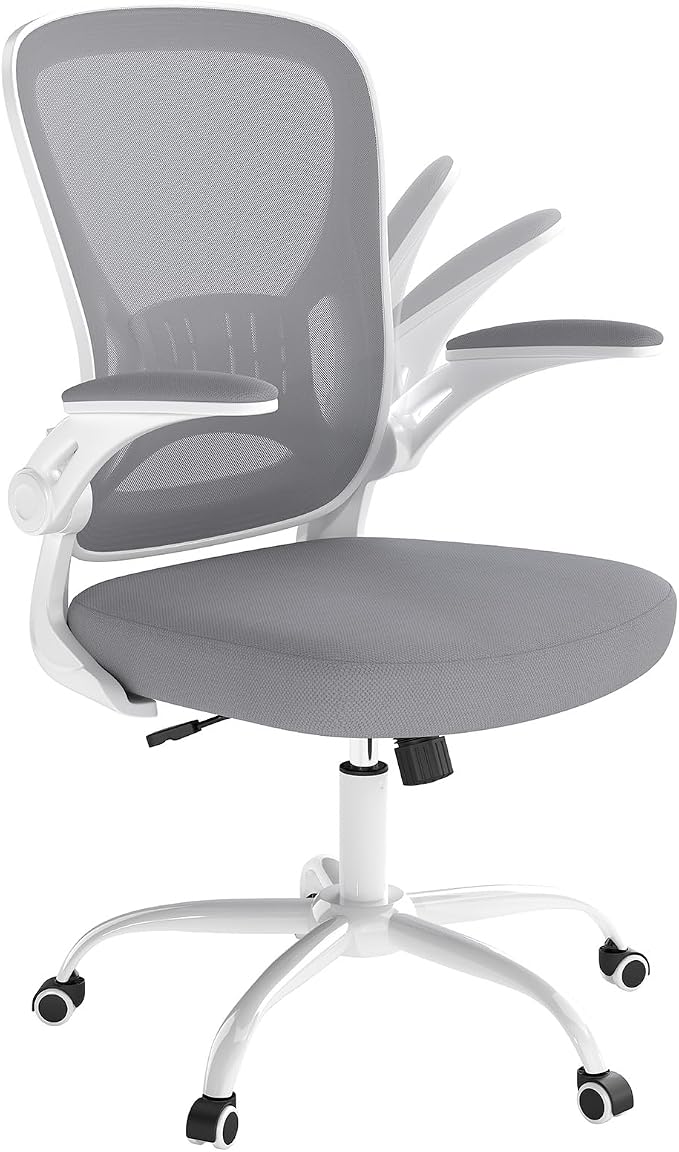 Youhauchair Mesh Office Chair, Ergonomic Home Office Desk Chairs with Flip-up Arms and Lumbar Support, Height Adjustable, Grey