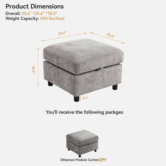 WUTUTUEE 25”Square Storage Ottoman Module for Modular Sectional Sofa, Living Room Coffee Table Sectional Ottoman Footrest for Convertible Couch, Chenille Light Grey