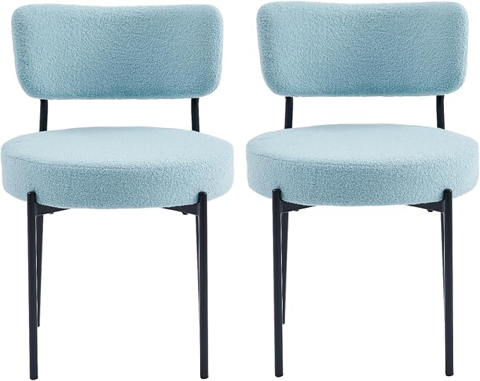 Boucle Dining Chairs Set of 2, Blue Mid Century Modern Kitchen Dining Room Chairs with Curved Backrest and Metal Frame, Round Upholstered Dining Chairs for Kitchen, Living Room
