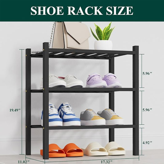 Smiry Small Bamboo Shoe Rack, 3 Tier Free Standing Wooden Shoe Organizer, Stackable Wood Shoe Storage Shelf for Closet, Entryway, 14 Vertical Slats, 2+1 Stack Heavy-Duty Legs, 17.3"x11"x19.5", Black