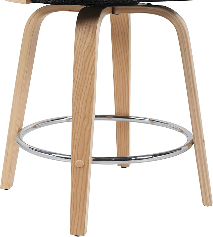 Sonia Modern Swivel Counter Height Bar Stool with Black Upholstered Seat and Patterned Oak Wood Finish Set of 4