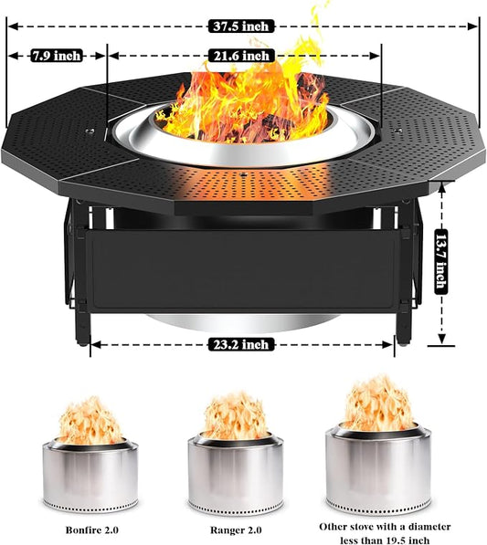 Fire Pit Surround Tabletop for Solo Stove Bonfire Ranger 2.0, Thick Powder-Coated Steel Surround Tabletop, Outdoor FirePit Table, UV-Resistant Outdoor Fabric & Adjustable Height