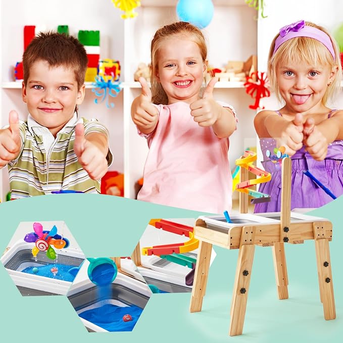 Kids Wooden Sensory Activity Table with 2 Collapsible Storage Bins, Acrylic Painting Board, Adjustable Height from 18-25”, Grow with Your Beloved.