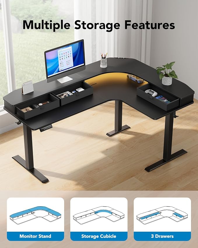 HUANUO 65″ L-Shaped Standing Desk with Power Outlets & LED Strip, Electric Height Adjustable Corner Computer Desk, Sit Stand Up Desk with 3 Drawers, Black