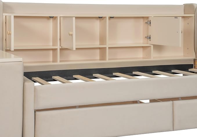 Bellemave Twin Corner Bed with Storage Shelves and Desk, Upholstered Daybed with Bookcase and Drawers,Daybed with Storage, Beige