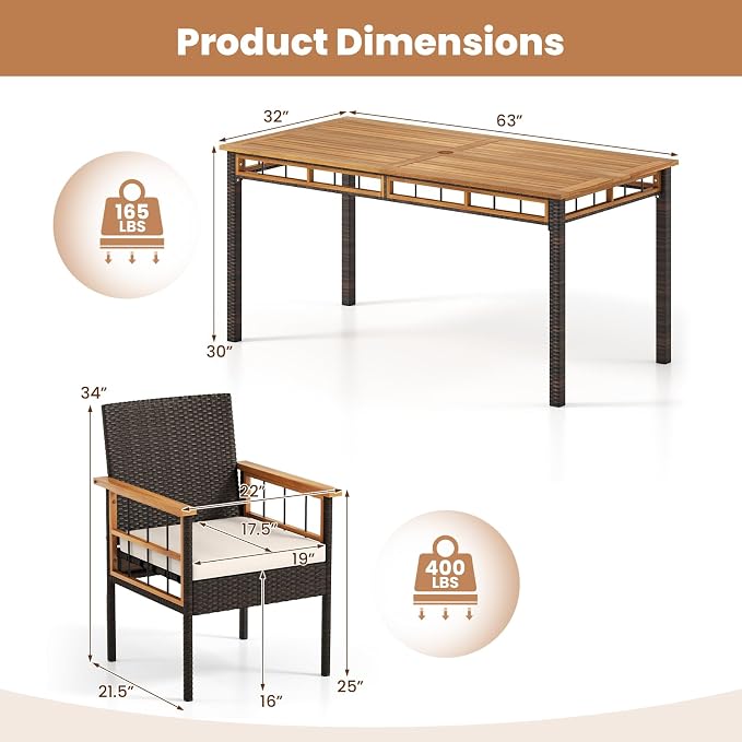 Tangkula 7 Pieces Wicker Patio Dining Set, Outdoor Acacia Wood Rectangular Table with 1.97” Umbrella Hole and Cushioned Chairs, Outside Conversation Furniture Set for Deck, Garden and Backyard