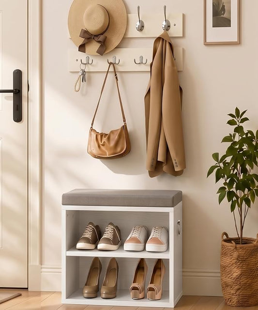 HOOBRO Shoe Storage Bench with Cushion, Entryway Bench with Coat Rack Set, Small Shoe Storage Organizer with Adjustable Shelf, for Narrow Hallway Foyer, Bedroom, White and Gray WG28HX01