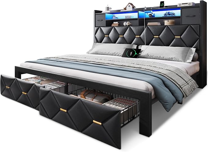 DWVO King Size Bed Frame with 2 Storage Drawers and Storage Headboard, Upholstered Platform with Charging Station and LED Light, No Box Spring Needed, Noise Free, Easy Assembly, PU Leather Black