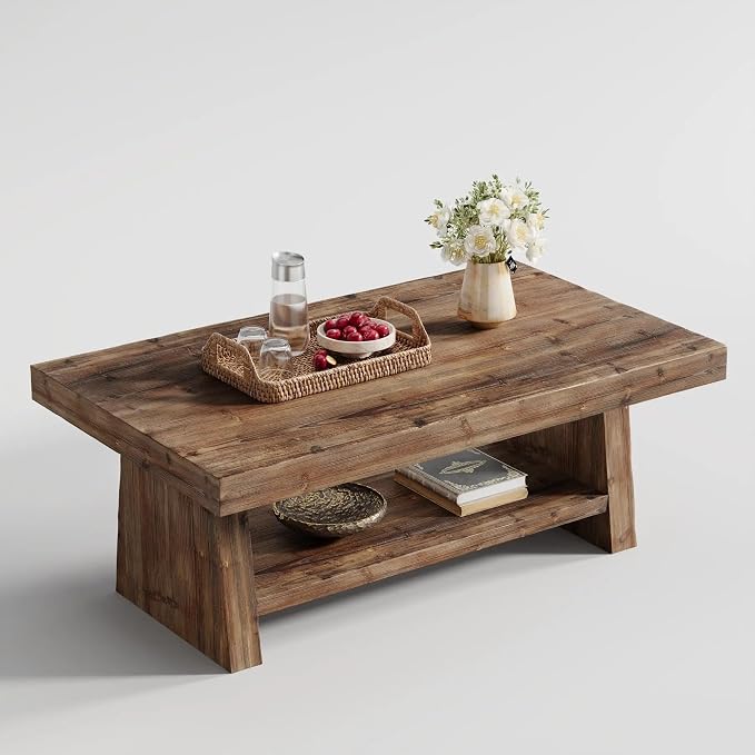 47" Solid Wood Coffee Table, 2-Tier Rectangular Farmhouse Center Table with Storage Shelf, Distressed Charred Wood Coffee Tables for Living Room, Rustic Vintage Carbonized