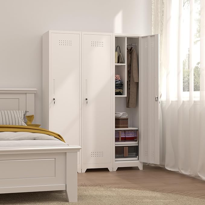 Slim Broom Closet Storage Cabinet, 65" H Metal Cabinets with Lock and Shelves & S-Hooks, Utility Closet, Narrow Storage Cabinets for Home Office, Pantry, Bathroom, Garage, White
