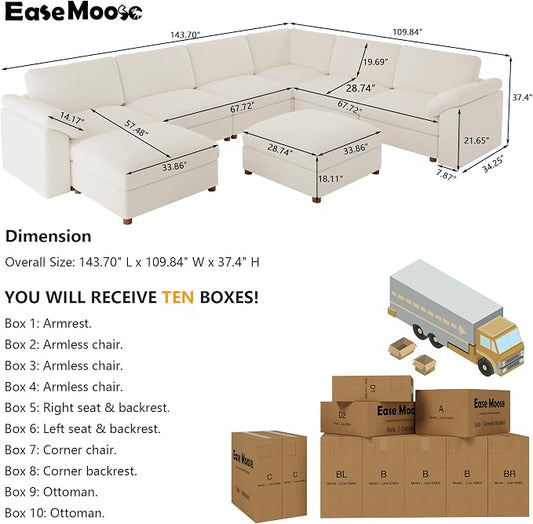 EASE MOOSE Oversized Sectional Modular Sofa,Comfty U Shape Sectional Modern Deep Seat Couch,White Modular Cloud Couch