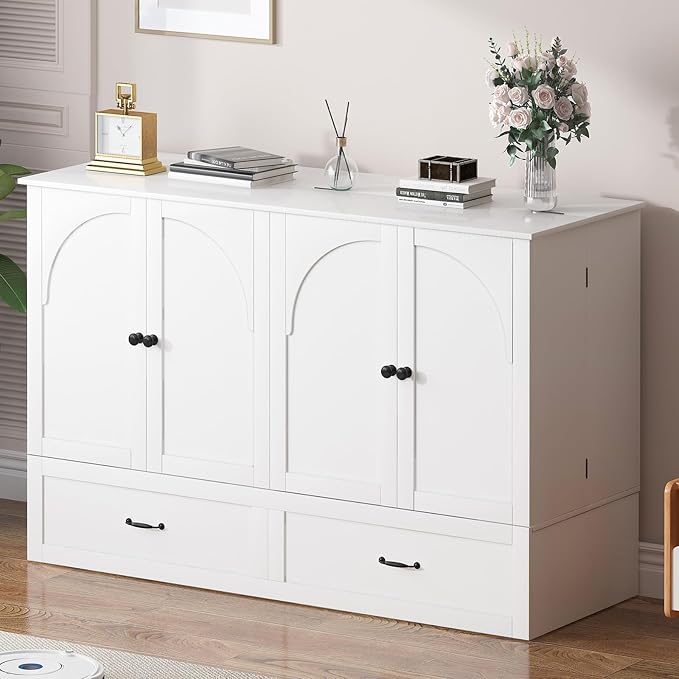 PUREMIND Murphy Bed Queen with Mattress Included, Arched Frame Cabinet Beds Chest with Charging Station & Storage Drawers, Convertible Hideaway Cabinet Bed for Guest Room, White