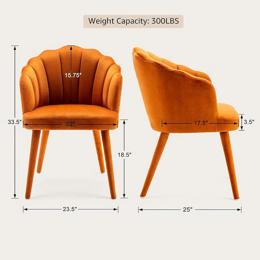 Hyfirm Velvet Dining Chairs Set of 4, Upholstered Modern Kitchen Dining Chairs with Petal Back & Fabric Covered Wooden Legs, Comfy Accent Armchairs for Bedroom/Kitchen/Vanity, Orange