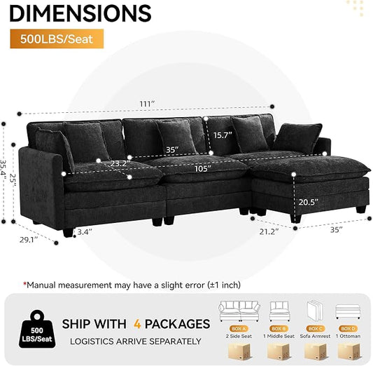 111'' Sectional Cloud Deep Seat Couch, Modern Comfy Chenille L Shaped Sectional Sofa for Living Room Set, Upholstered Modular 4-Seats Sofa Couch with 1 Movable Ottoman, Dark Grey