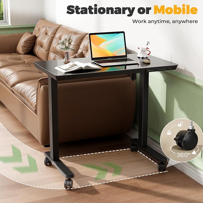 Glass Electric Standing Desk with Drawer, 35" x 20" Whole Piece Tabletop Samll Sit Stand Table, Height Adjustable Workstation with Storage & USB Ports, Quick Install Home Office Desk