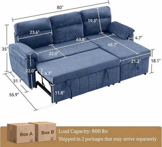 Tbfit 80'' Sleeper Sofa Bed, 3 in 1 Cloud Pull Out Sofa Couch with USB & Storage Chaise, Chenille Convertible Sofa Bed with Pull Out Bed, Couches for Living Room, Apartment, Office, Blue