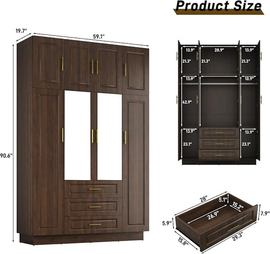 Hlivelood Large Armoire Wardrobe Closet Cabinet with Drawers and LED Lights, Multi-Tier Shelves, Hanging Rod, Large Capacity Storage 4 Door Wardrobe Armoire with Top Cabinet for Bedroom, Brown