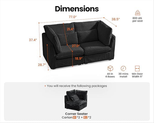 77" Oversized Corduroy Couch Modular Sectional Sofa, Washable Cloud Couch Sectional, 2 Seater Sectional Couches for Living Room, Fully Cover Removable, Loveseat Sofa, Corduroy, Black