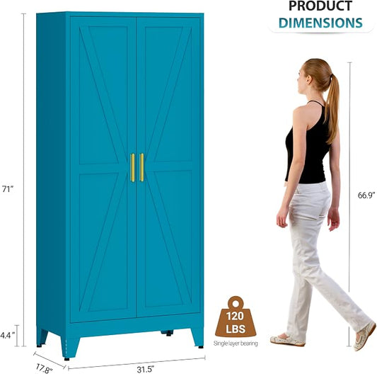 Metal Armoire Wardrobe Closet, 71" Steel Clothing Storage Cabinet with 2 Doors, Hanging Rod & Shelves, Bedroom Armoire Closet, Blue Wardrobe Cabinets for Bedroom
