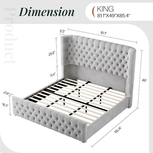 Jocisland King Size Upholstered Bed Frame with 6.3-Inch Curved Wingback Headboard, Tufted Footboard, Wood Slats, No Box Spring Needed, Light Grey Velvet