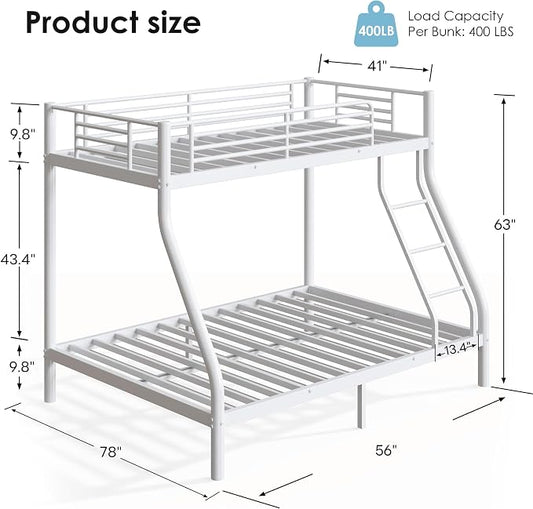 SDHYL Bunk Bed with Mattresses Twin Over Full Size,Heavy Duty Metal Bunk Beds for Adult,with Guardrail & Ladder,Perfect for Dorm Rooms,White
