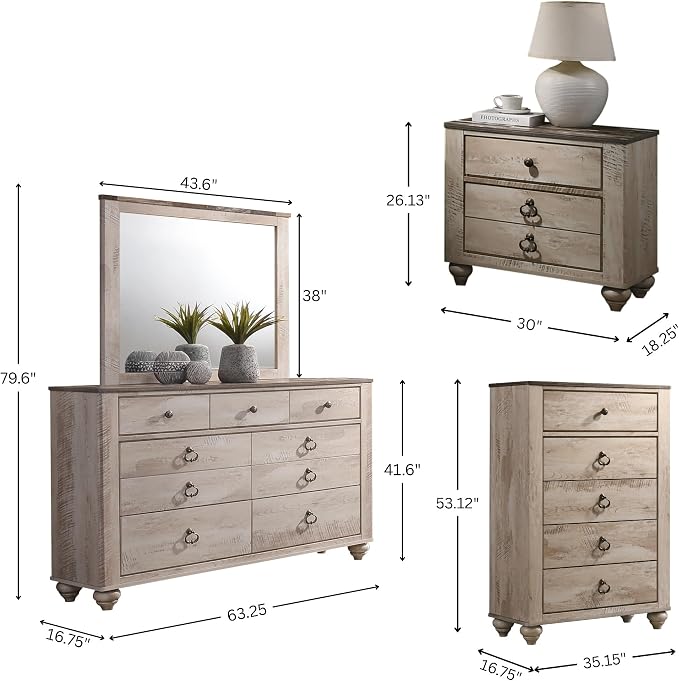 Peanu King Bed Set, White Wash Finish, Contemporary Bedroom Collection | King Bedroom Set, Solid Hardwood Build, White Wash Finish, Coordinated Storage For Refined Spaces