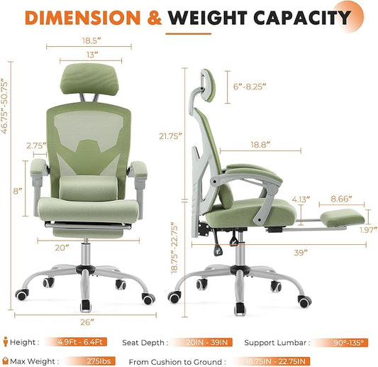Sweetcrispy Office Computer Desk Chair, Ergonomic High-Back Mesh Rolling Work Swivel Chairs with Wheels, Comfortable Lumbar Support, Comfy Arms for Home, Bedroom, Study, Student, Green