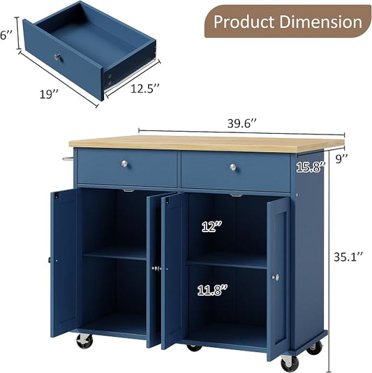 SUNLEI Kitchen Island with Storage, Rolling Kitchen Island Cart with Wheels & Drop Leaf & Towel Rack & 2 Drawers, Portable Island Table for Kitchen (Blue, 39.6“)