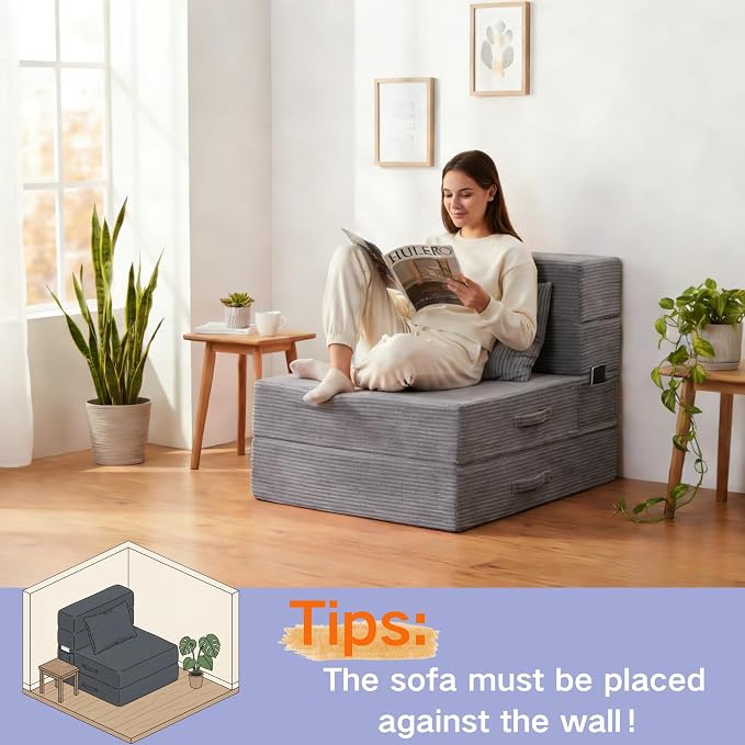 Folding Sofa Bed, 4 in 1 Convertible Sleeper Chair with Pillow, Single Memory Foam Fold Out Chair Bed, Modern Floor Futon Sofa Couch Mattress for Living Room/Guest/Apartment, Light Gray