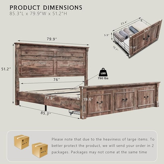 Aitjunz Farmhouse King Size Bed Frame with 51" Tall Headboard, Wood Platform Bed Frame with 20" Tall Roman Column Decoration Footboard & 3 Large Storage Drawers, No Box Spring Needed (Light Brown)