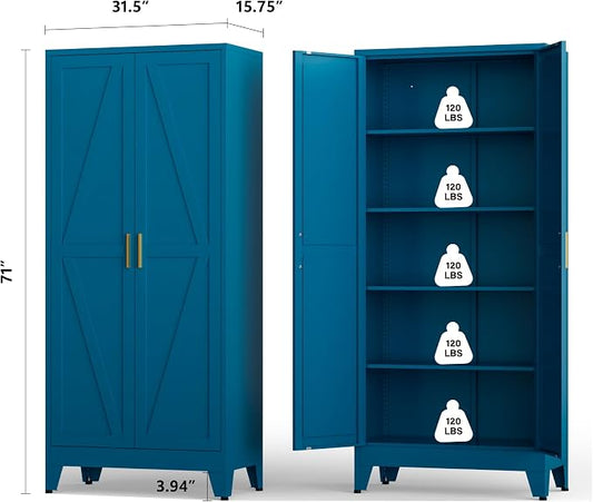 Metal Kitchen Pantry Cabinet,71" Tall Blue Pantry Cabinet with 2 Doors and 4 Adjustable Shelves, Farmhouse Storage Freestanding Cupboard for Kitchen,Home Office Living Room,Dining Room