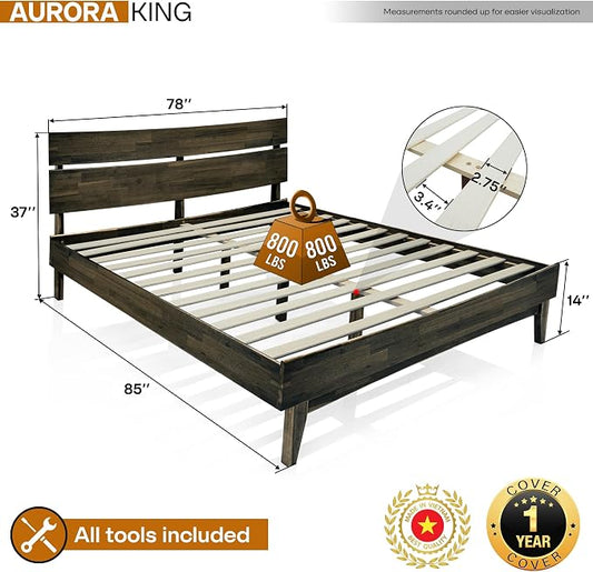 Acacia Aurora Wooden Bed with Headboard, King Size Bed Frame, 800lbs Capacity Wood Bed Compatible with All Mattress Types, Non-Slip & Noise-Free, Wood Slats Support, Easy Assembly, Mocha.