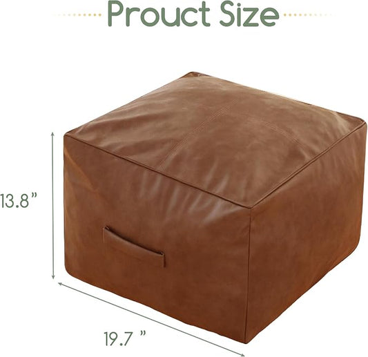 HIGOGOGO Square Stuffed Pouf Ottoman, Pu Leather Poufs with Foam Chunk Filling, Furry and Fluffy Pouf Foot Stool Storage Ottoman,20 X 14 Inches Floor Poufs Foot Rest for Living Room, Brown
