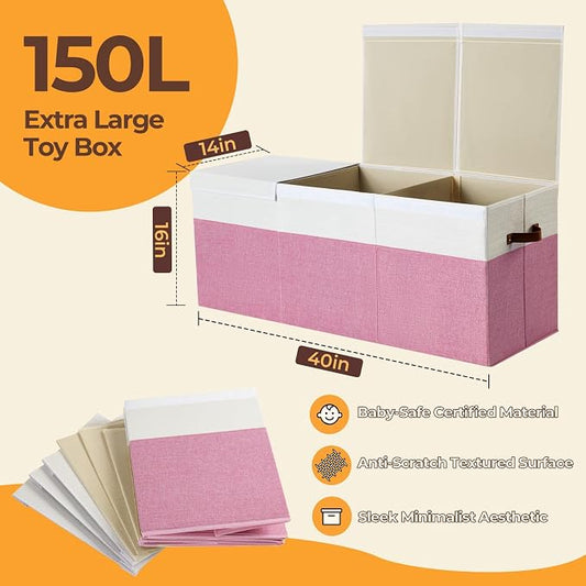 Extra Large Toy Box,150L Foldable Sturdy Toy Storage with Lid,40"x14"x16" Kids Storage Organizer,Toy Chest for Boys&Girls,for Nursery,Bedroom,Playroom,Living Room,Large Capacity Toybox(Pink)