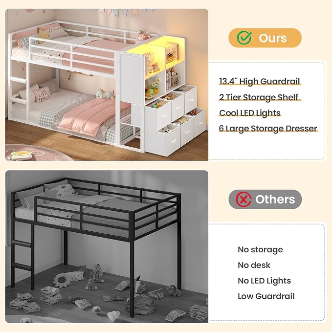 BTHFST Bunk Bed Twin Over Twin with 6 Large Fabric Drawers & 4 Wooden Storage Bookshelf Organizer, Metal Low Bunk Bed for Kids with LED Lights & Safety Ladder and Guardrail, Space Saving