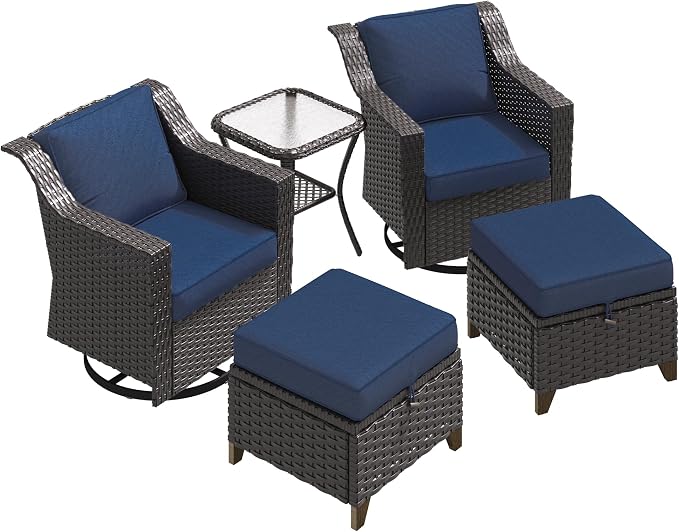 MeetLeisure 5 Pieces Patio Conversation Furniture Set - Swivel Chairs with Ottomans Set of 2, 1 Side Table, Outdoor Wicker Furniture Set with Washable Cushions for Porch, Balcony, Sunroom (Navy Blue)