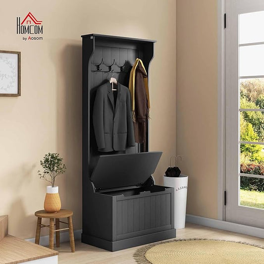 HOMCOM Hall Tree with Bench and Shoe Storage, 3-in-1 Entryway Bench with Coat Rack, 4 Hooks and Flip Top Storage Compartment, Black