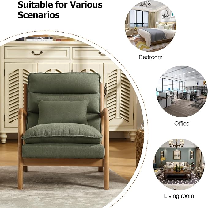 INZOY Accent Chairs Set of 2, Mid Century Modern Accent Chair with Wood Frame, Upholstered Reading Armchair with Waist Cushion, Side Chair for Living Room Bedroom Office, Easy Assembly, Green