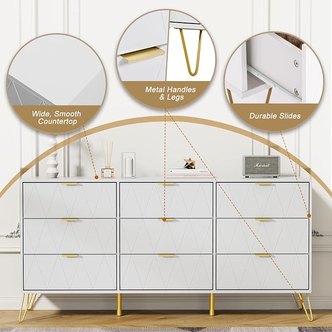 Anbuy Bedroom Sets 3 Pieces White Modern Nightstands and 9 Drawer Dresser Sets Bedside Table Set Bedroom Set 3 Pcs White