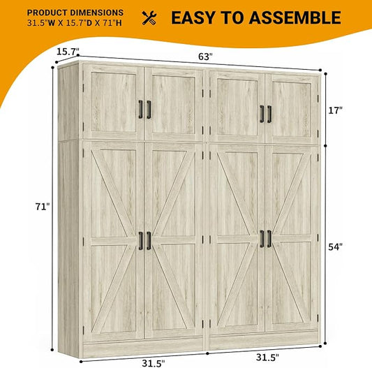 Unikito 71” Farmhouse Kitchen Pantry Cabinet, Large Storage Cabinet with Adjustable Shelves and Barn Doors, Versatile Tall Storage Cupboard for Dinning Room, Bathroom, Living Room, Wash Gray, 2 Pack
