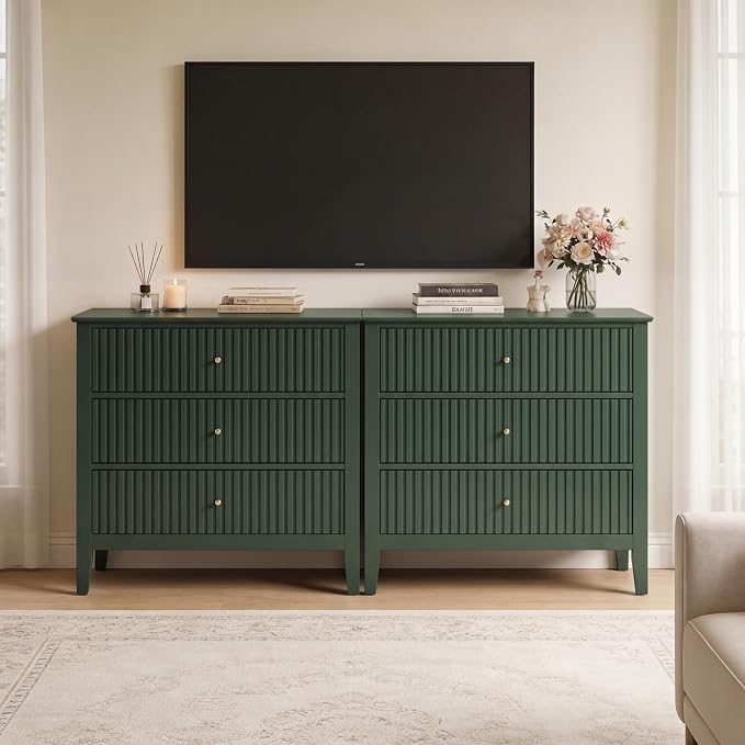 RoyalCraft Large 3 Drawer Dresser Set of 2, Fluted Chest of Drawers with Storage, Modern Painted 30 inch Tall Nightstand for Bedroom Living Room Entryway, Dark Green