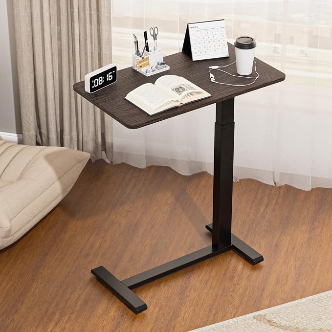 Ywin Medical Overbed Table with Wheels, Pneumatic Lift, Black Walnut | Rolling Bedside Table, Adjustable Height 27–43Inch, Mobile Portable Laptop Desk Perfect for Home Use, Patient Care, Office