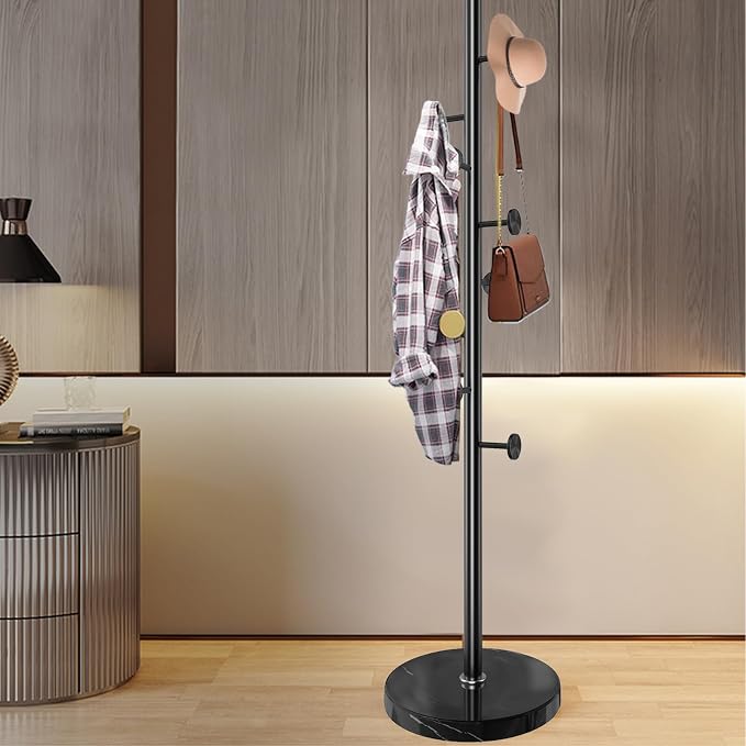 Modern Metal Coat Rack Stand, Coat Rack Freestanding with Natural Marble Base, Sturdy Heavy Duty Coat Racks with 8 Hooks, Black Coat Hall Tree Stand for Entryway, Office