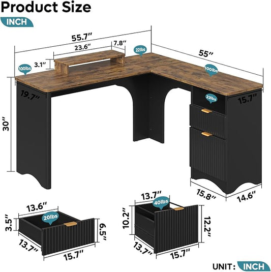 Bestier L Shaped Desk with File Drawer, 55.7" x 55" Office Computer Desk with Round Corners, Modern Desk with Monitor Stand & Fluted Panels for Home Office, Black & Rustic Brown