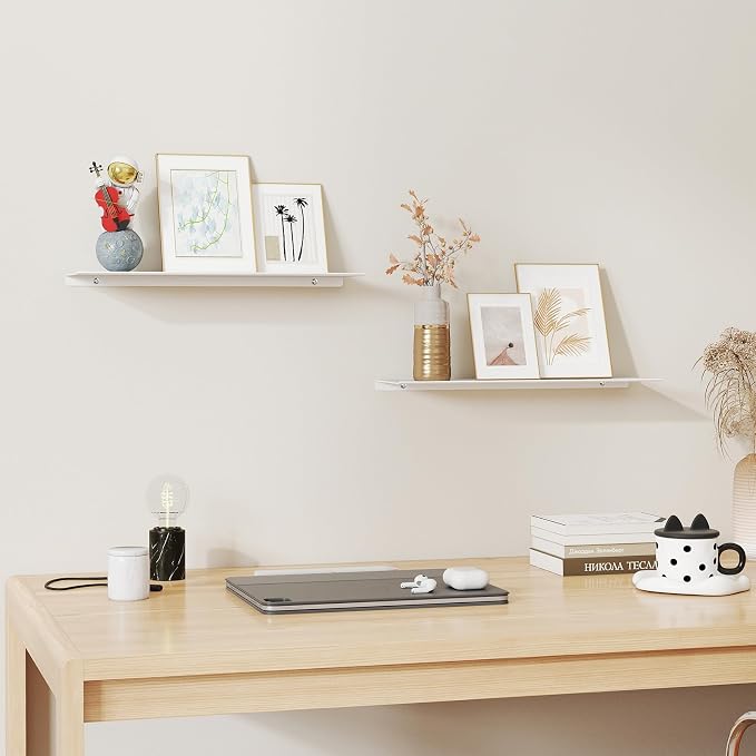 MKO 16" Floating Shelves for Wall, Metal Wall Mounted Shelf for Bathroom, Bedroom, Living Room, Kitchen, Hanging Shelves for Books/Storage/Room Decor 2 Packs, White