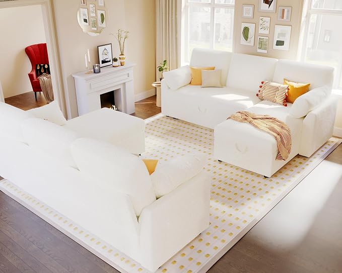 PaPaJet Sofa Bed, Sleeper Sofa with Storage Chaise, L Shaped Sofa with Pull Out Bed, Oversized Sofas for Living Room-White Boucle