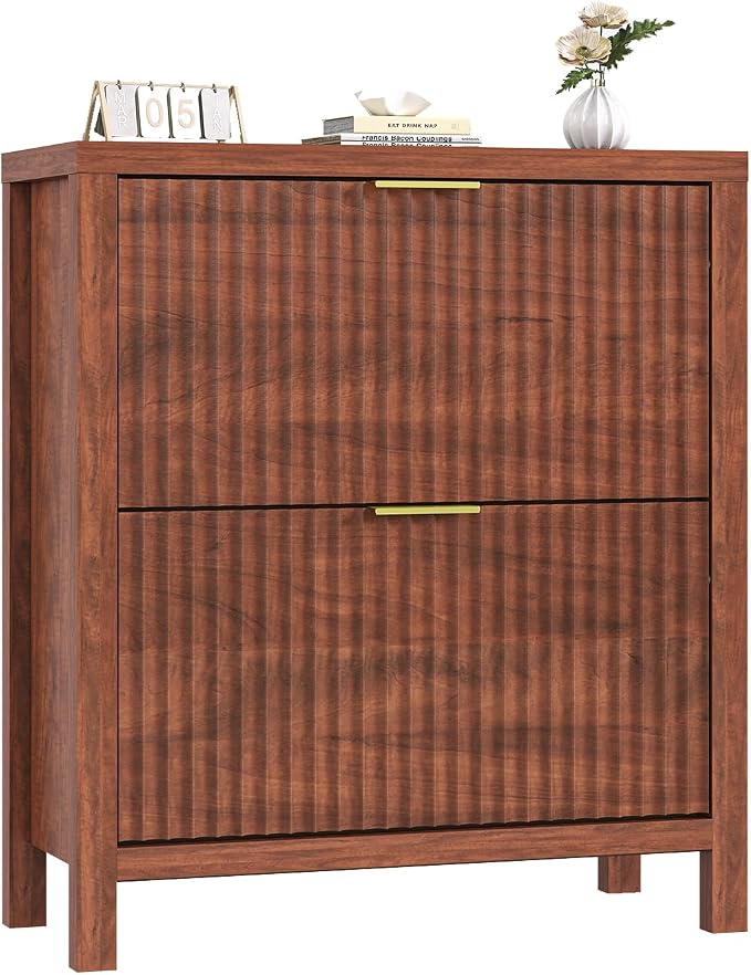 YOMILUVE Shoe Cabinet Storage for Entryway, Fluted Shoe Cabinet with 2 Flip Drawers, Hidden Shoe Rack Tall Freestanding Shoe Organizer with Legs for Hallway, Walnut